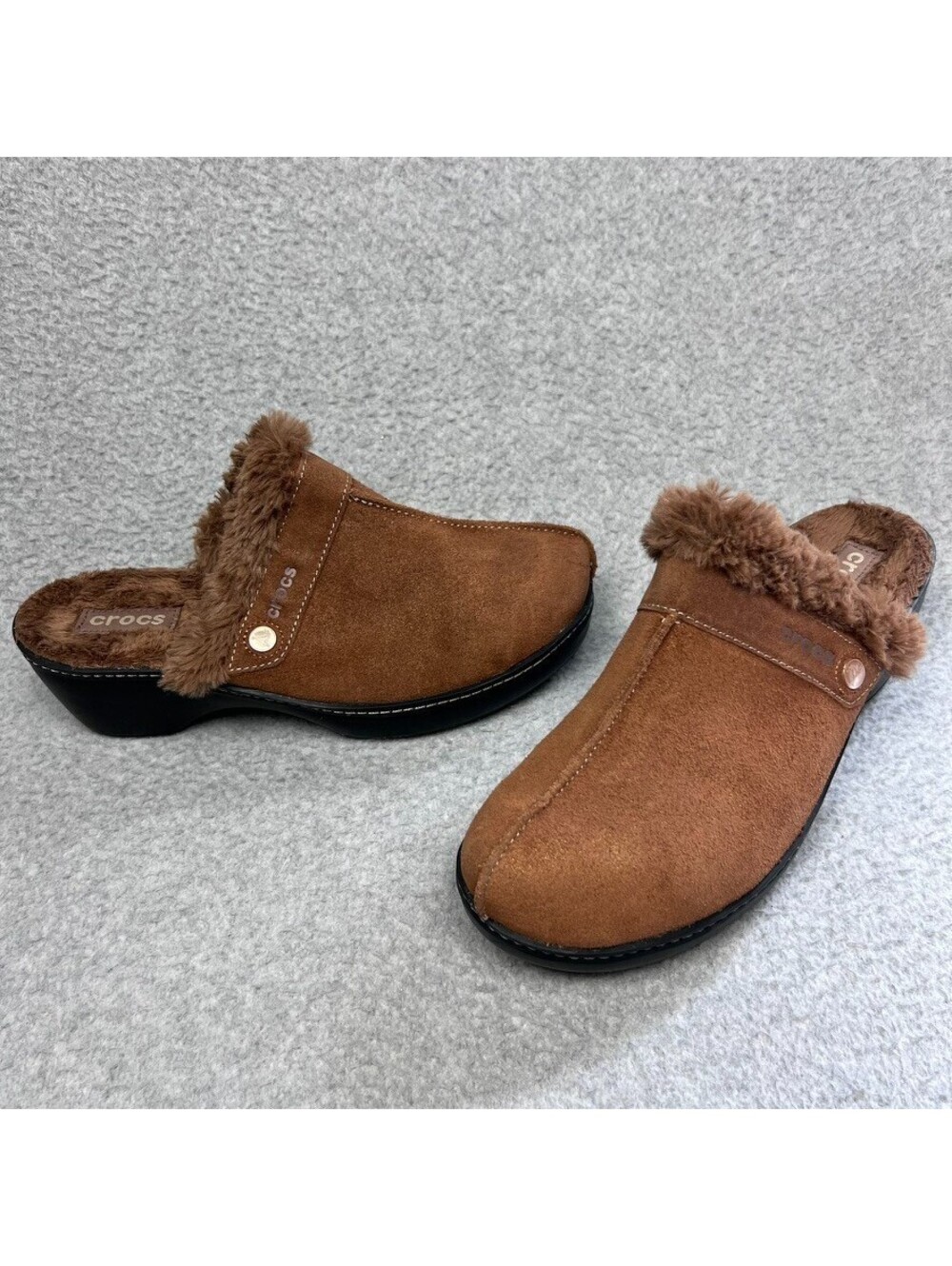 Crocs Sarah Suede Clog Mules Brown Faux Fur Lined Slip On Wedge Block Heel 11M